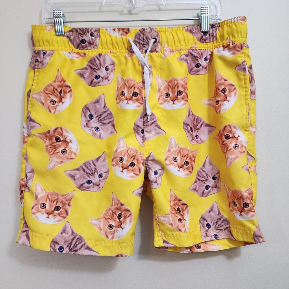 Black Matter yellow with cat print swim trunks shorts men's size medium